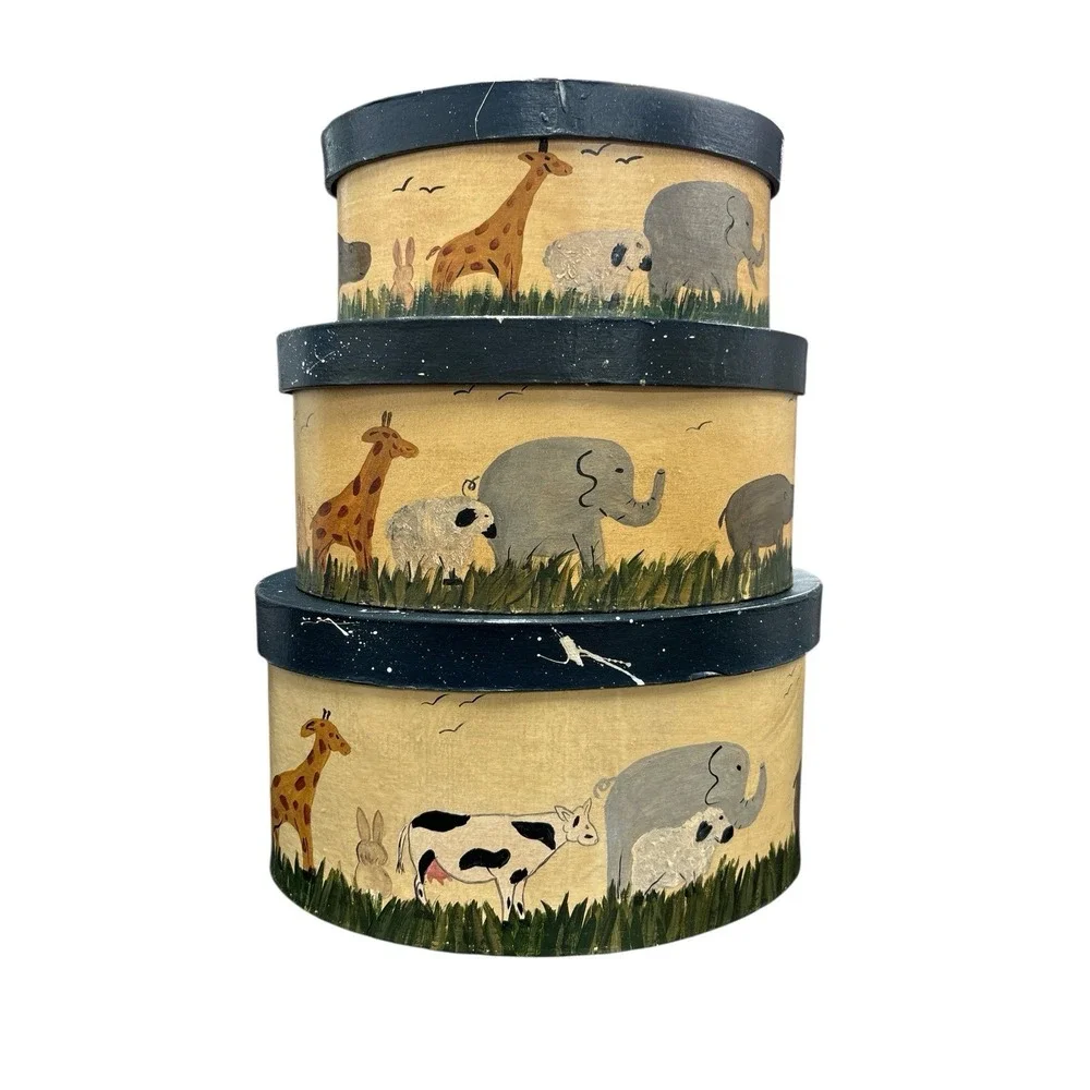 Vintage Hand-painted Nesting‎ Box 3 PC Set With Animals Nursery Farmhouse Decor